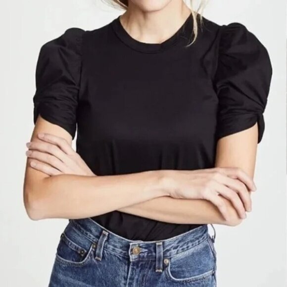 Alc 100% Cotton Kati Black Tee Top Blouse Puff Shoulders Women's XS - Picture 2 of 6